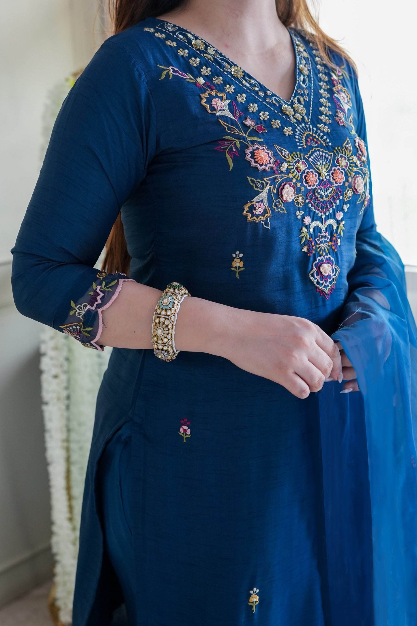 Navy blue vichitra embroidered work kurta pant dupatta set