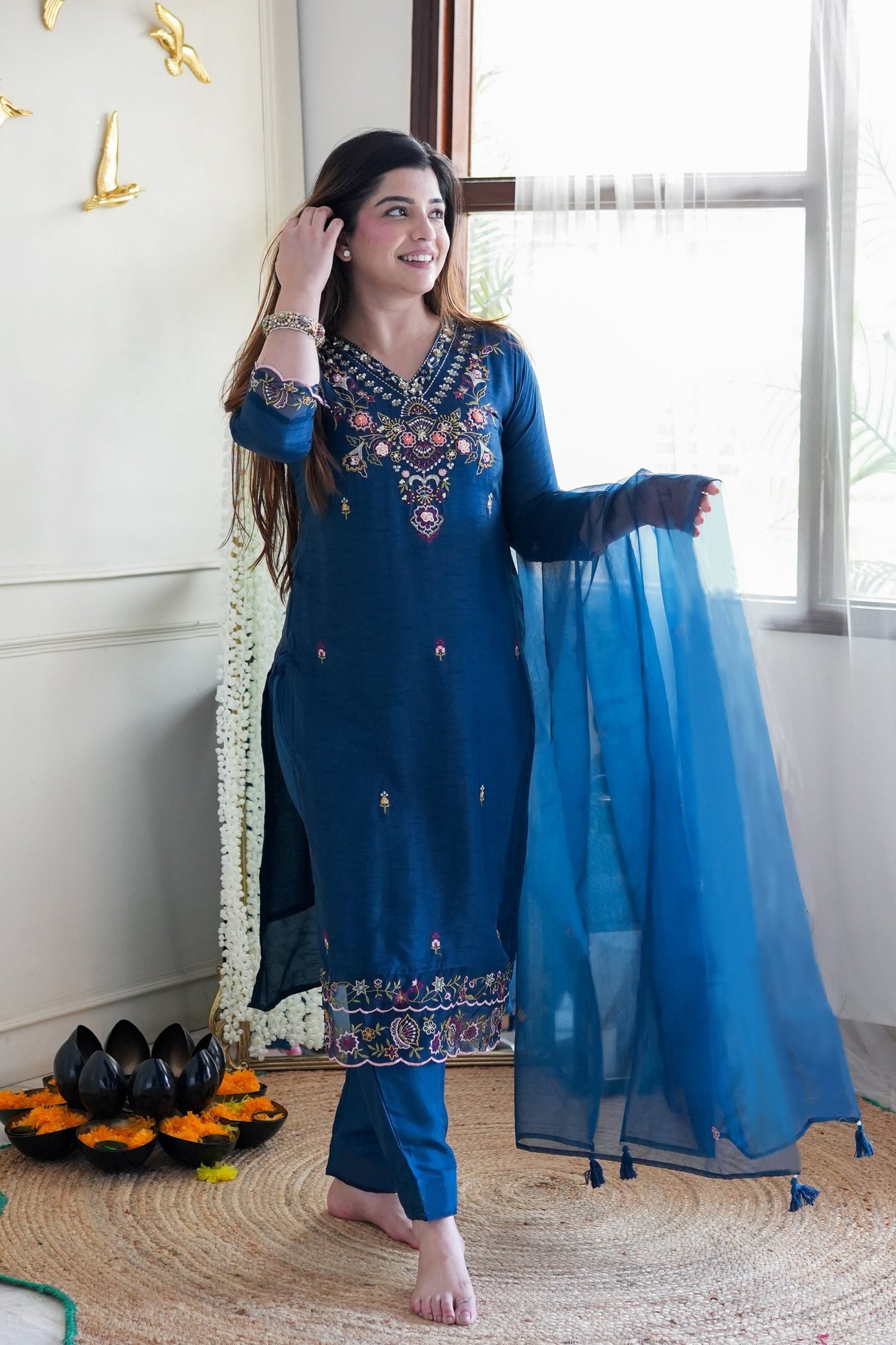 Navy blue vichitra embroidered work kurta pant dupatta set