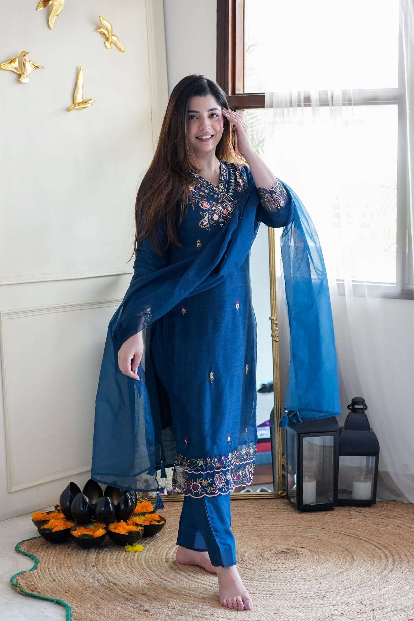 Navy blue vichitra embroidered work kurta pant dupatta set