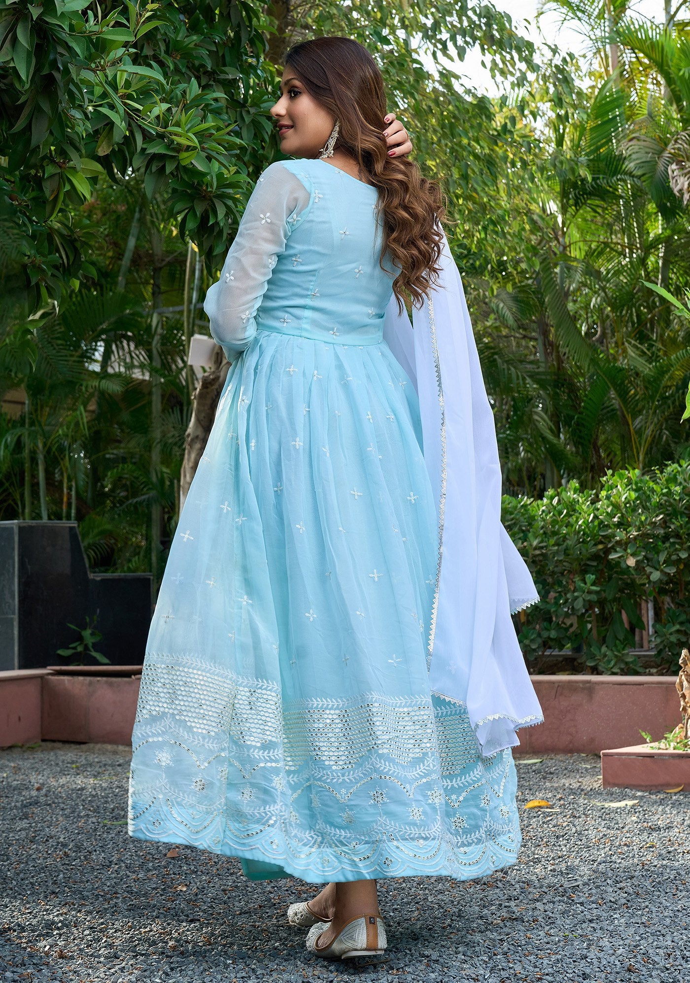 Blue georgette embroidered work anarkali gown with dupatta