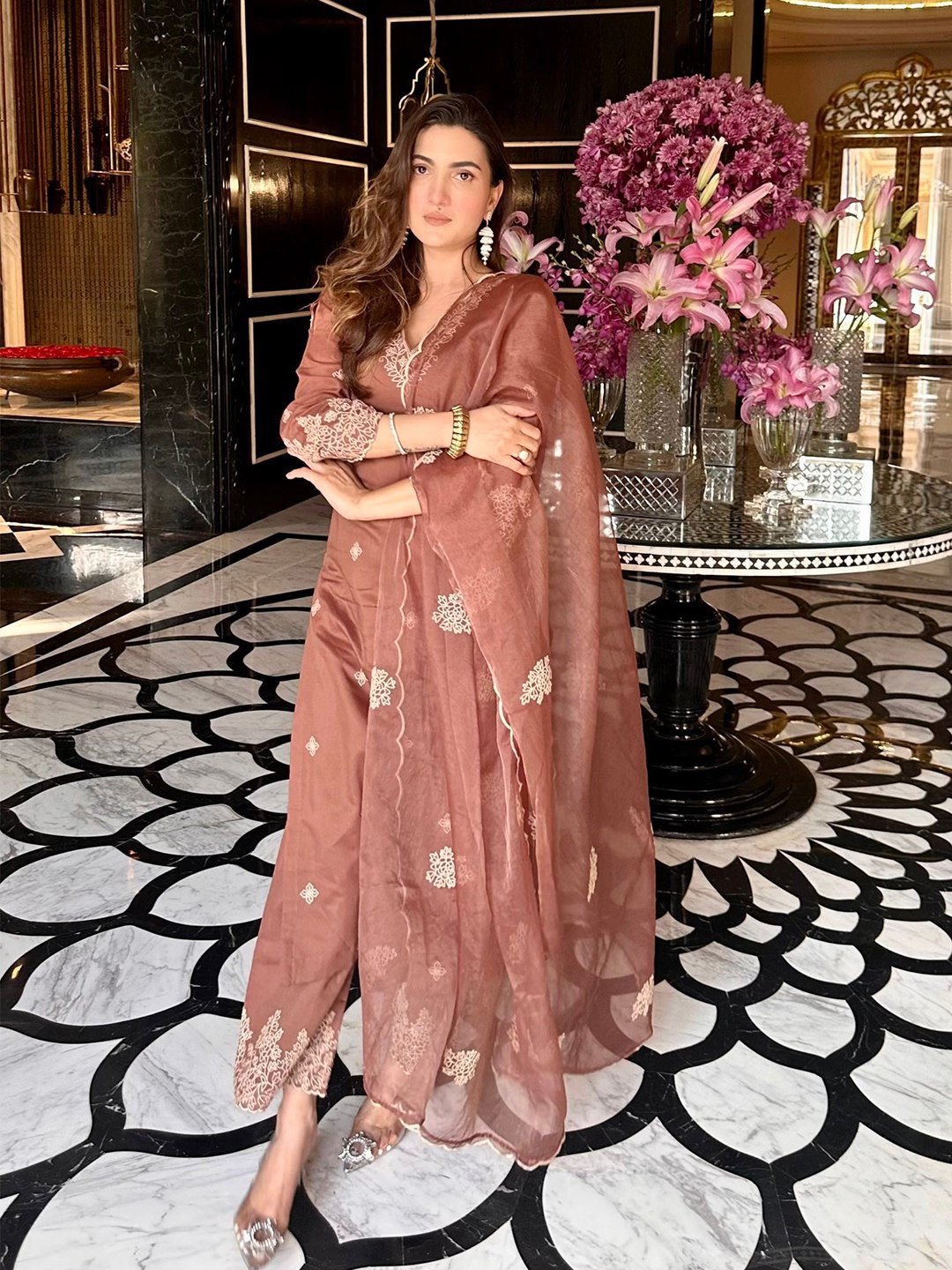 Brown tesla embroidered work kurta pant dupatta set