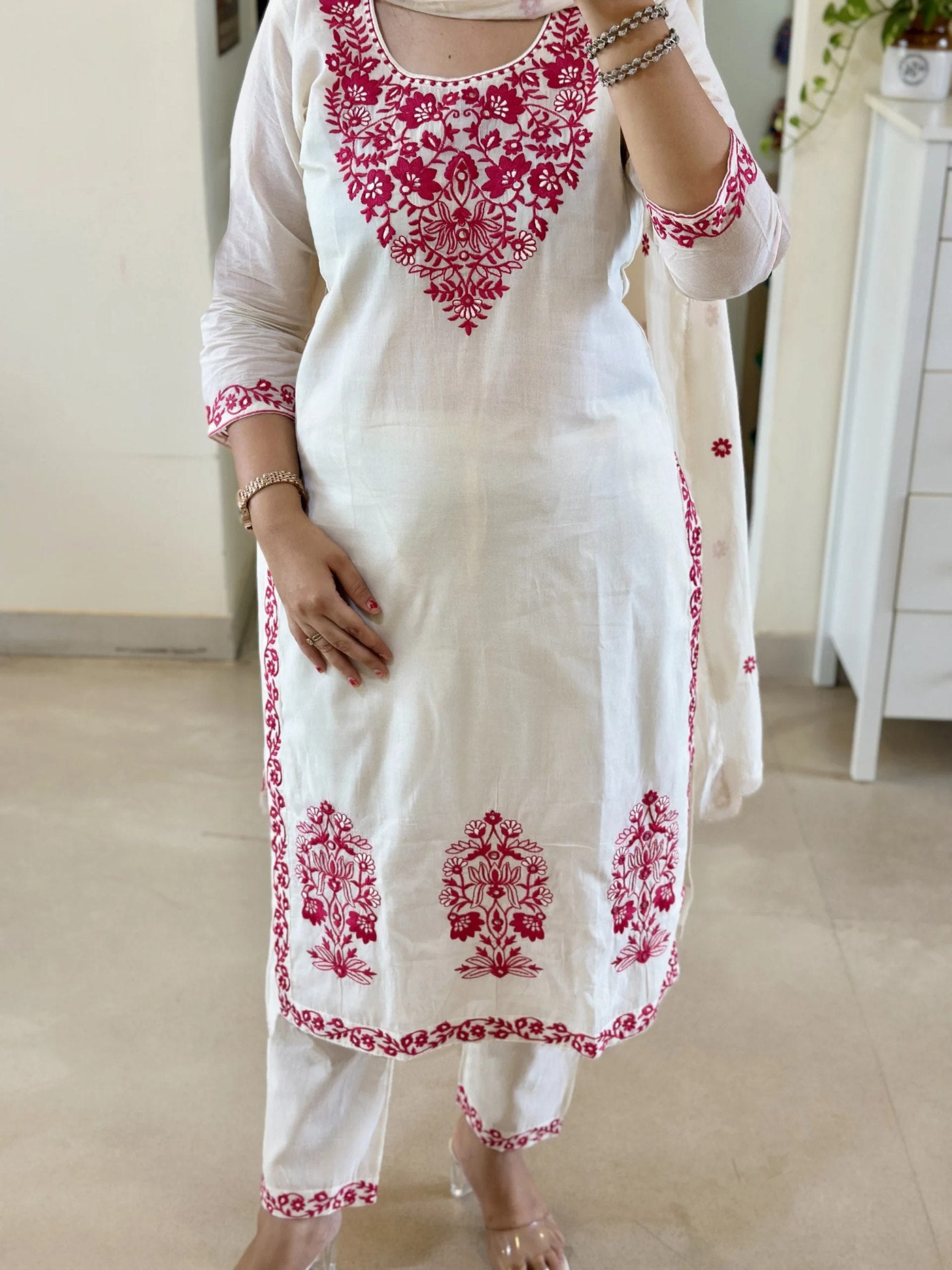 White tesla embroidered work kurta pent dupatta set