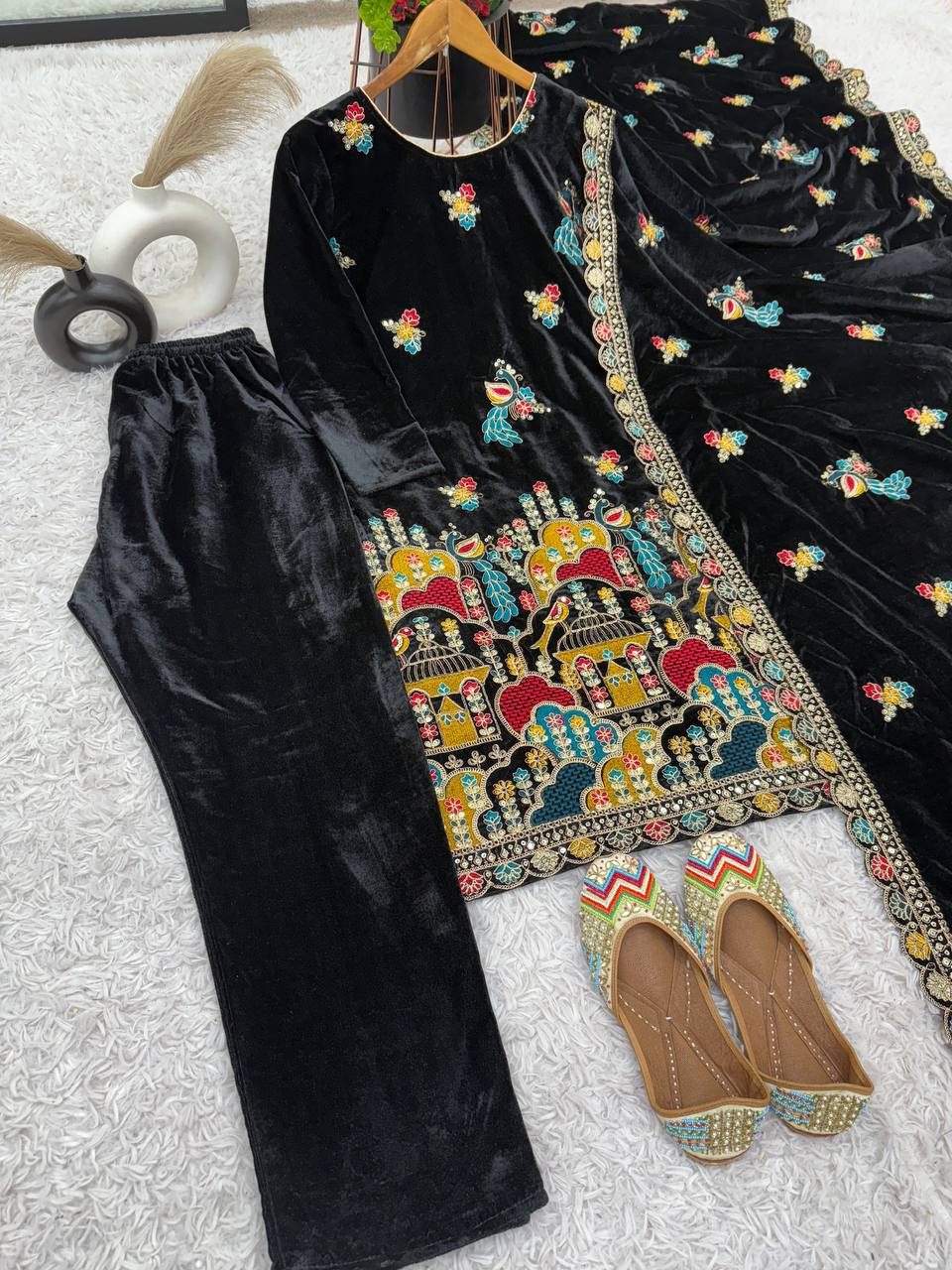 Black heavy viscose velvet with heavy embroidery party wear look top-dupatta and fully stitched Bottom