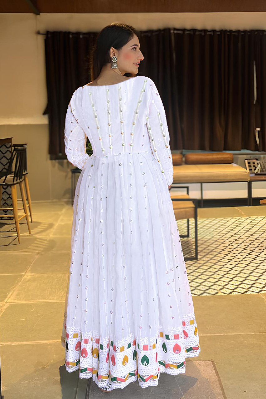 White georgette embroidered work anarkali gown with dupatta