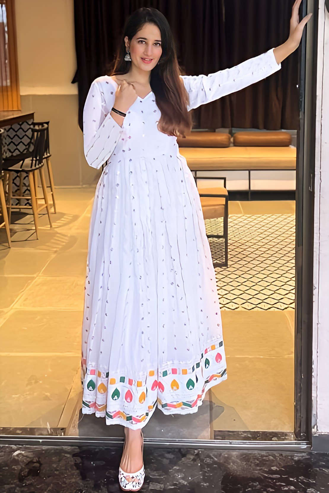 White georgette embroidered work anarkali gown with dupatta