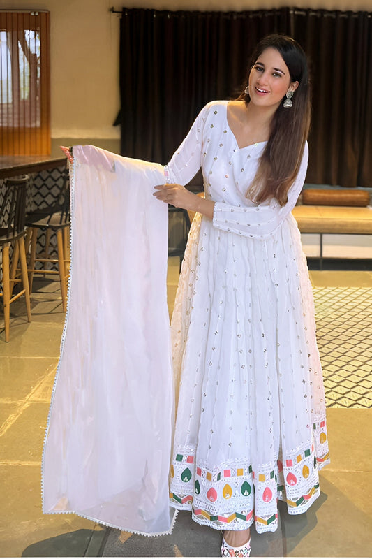 White georgette embroidered work anarkali gown with dupatta