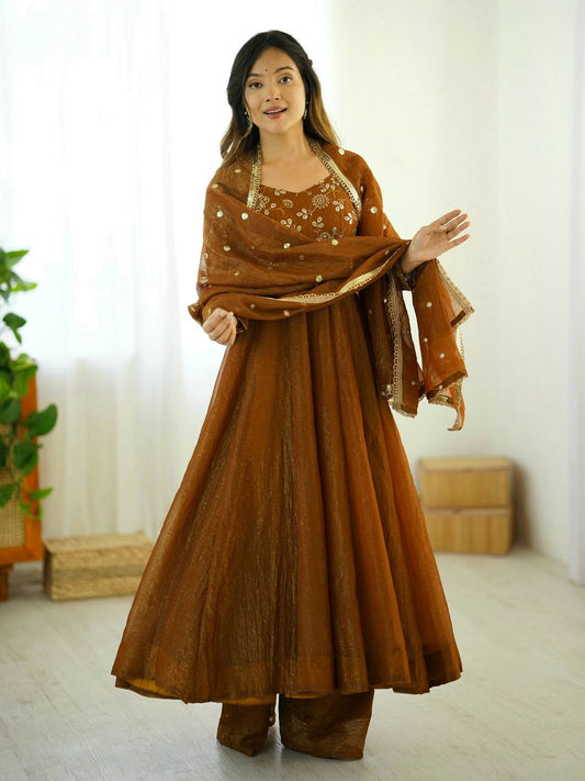 Gold crunchy silk with lace border fully stitched & ready to wear
