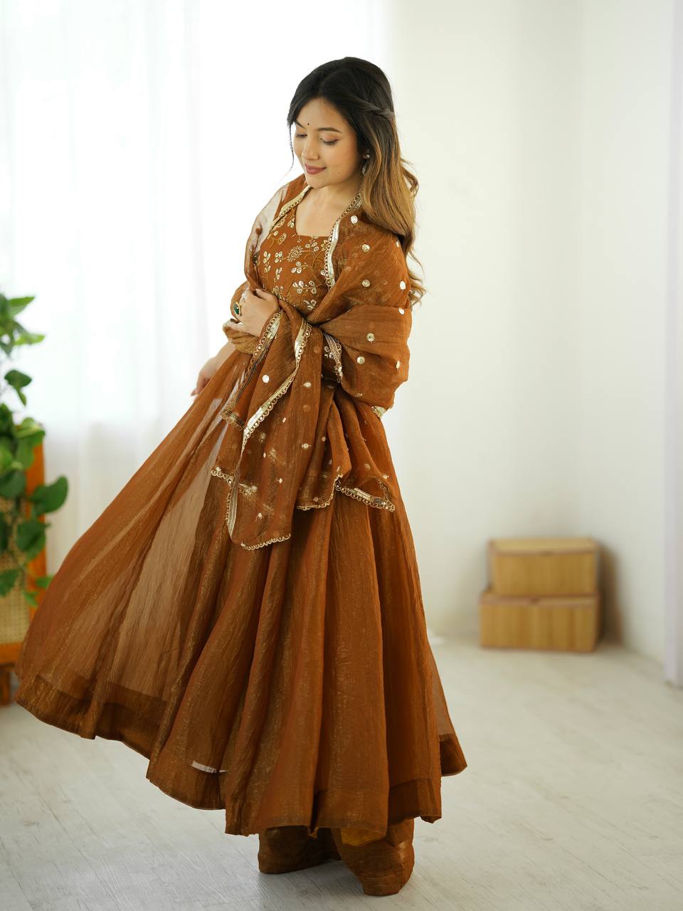 Gold crunchy silk with lace border fully stitched & ready to wear