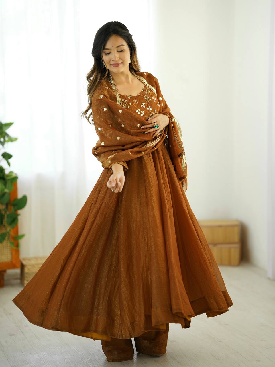 Gold crunchy silk with lace border fully stitched & ready to wear