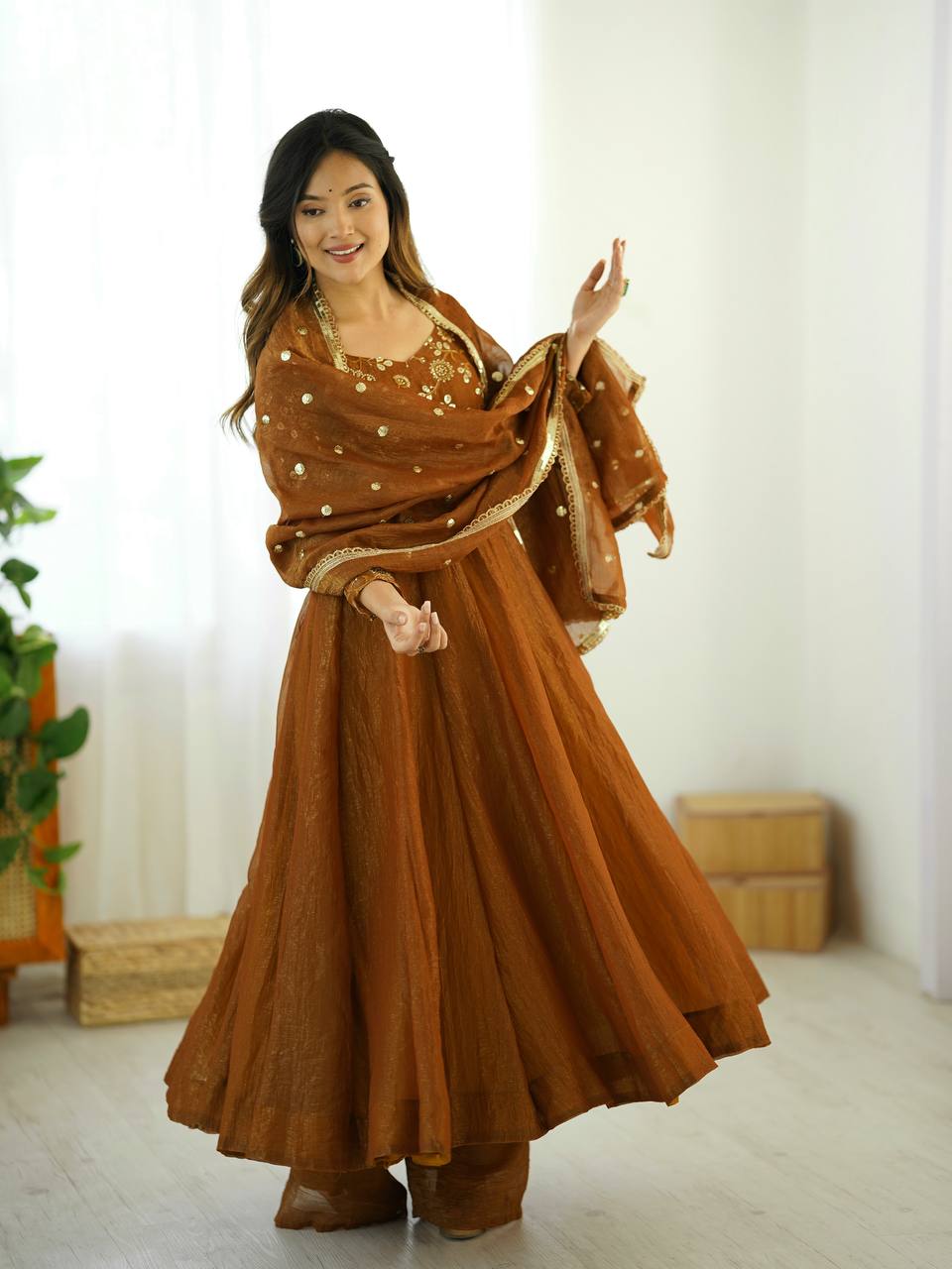 Gold crunchy silk with lace border fully stitched & ready to wear