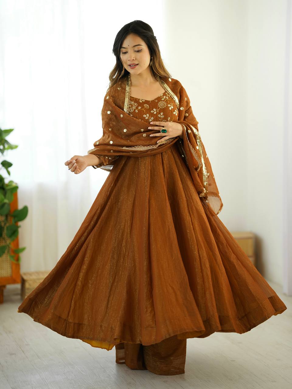 Gold crunchy silk with lace border fully stitched & ready to wear