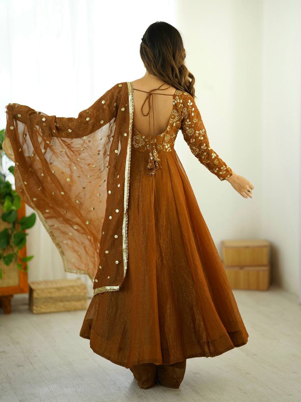 Gold crunchy silk with lace border fully stitched & ready to wear