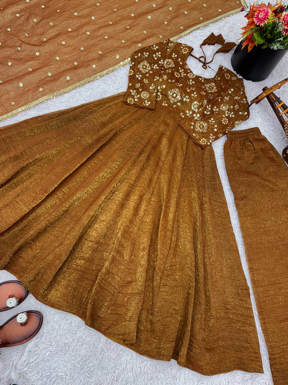 Gold crunchy silk with lace border fully stitched & ready to wear