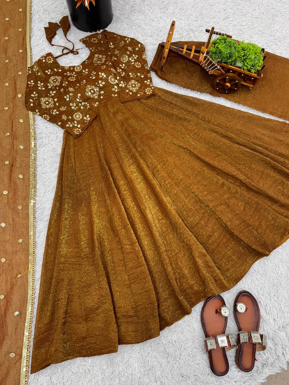 Gold crunchy silk with lace border fully stitched & ready to wear