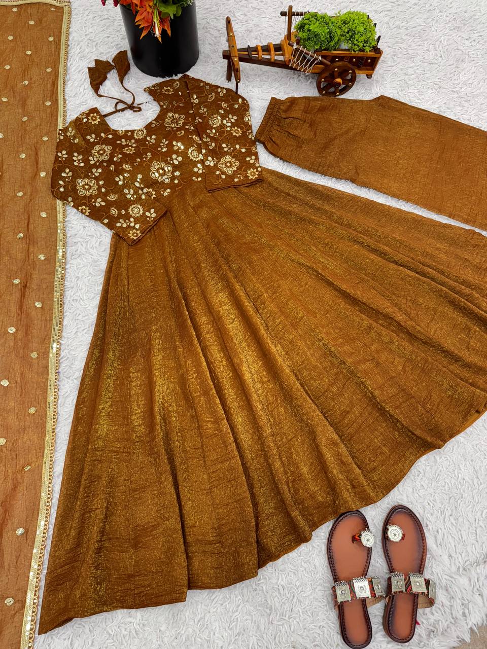 Gold crunchy silk with lace border fully stitched & ready to wear