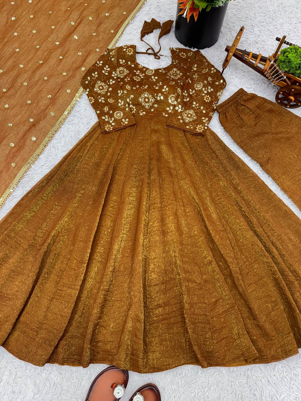 Gold crunchy silk with lace border fully stitched & ready to wear