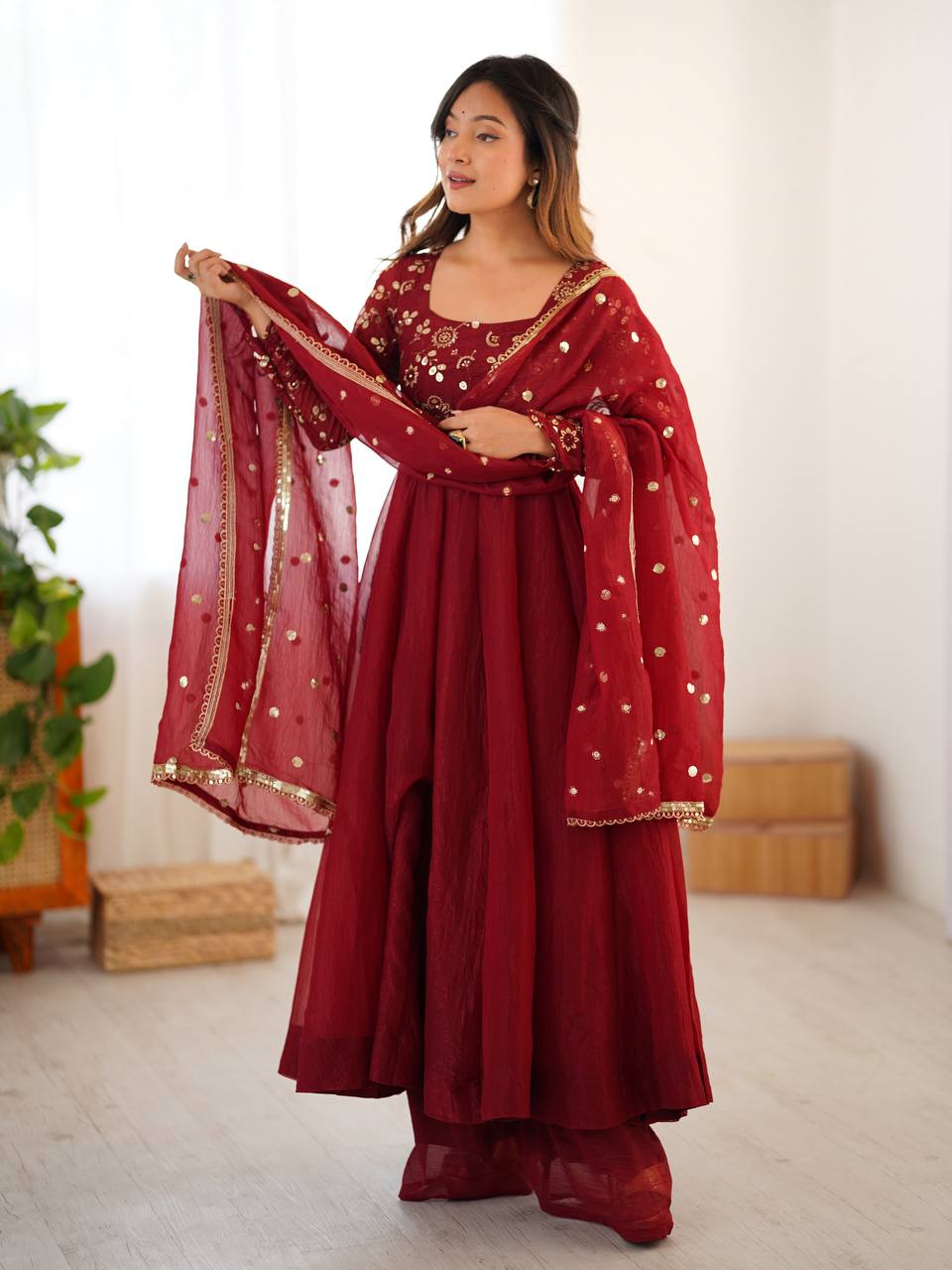 Red crunchy silk with lace border fully stitched & ready to wear