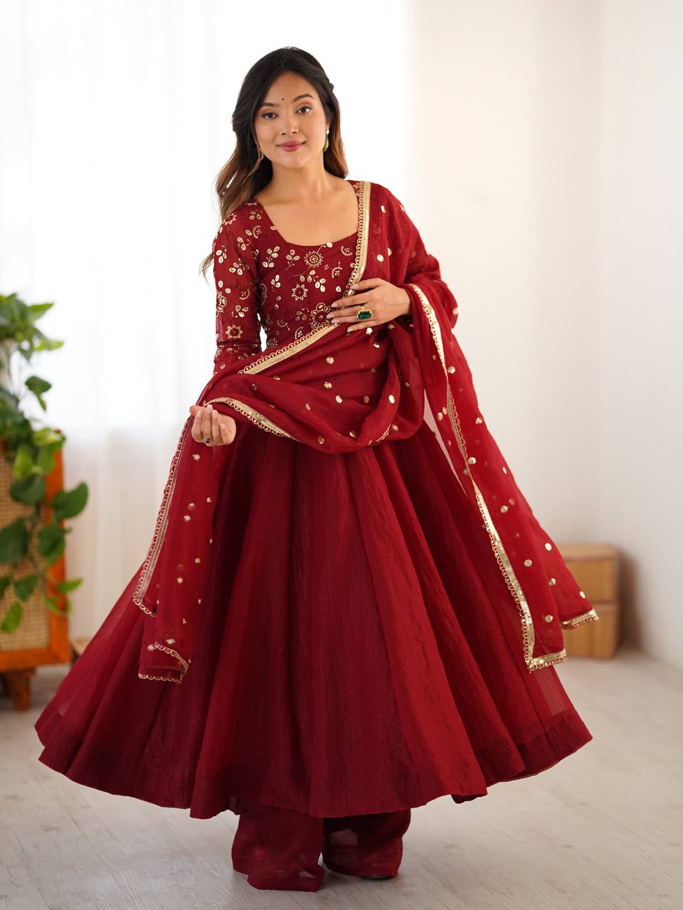 Red crunchy silk with lace border fully stitched & ready to wear