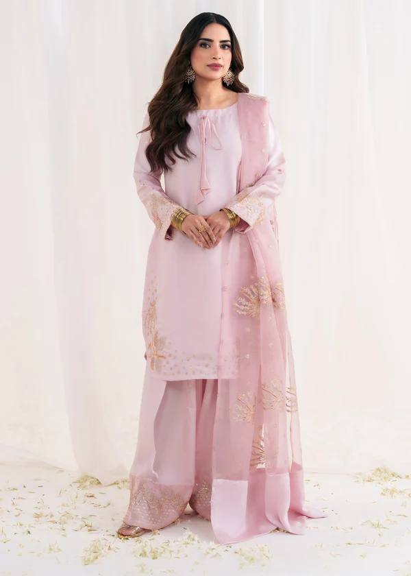 Light Pink Crep Silk With Embroidery Sequence Work Top-Bottom And Dupatta Set Fully Stitched