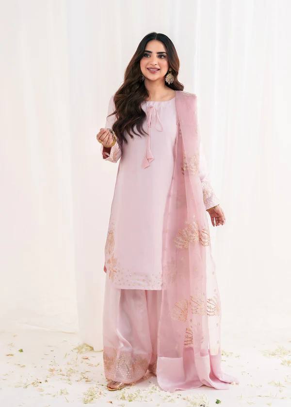 Light Pink Crep Silk With Embroidery Sequence Work Top-Bottom And Dupatta Set Fully Stitched
