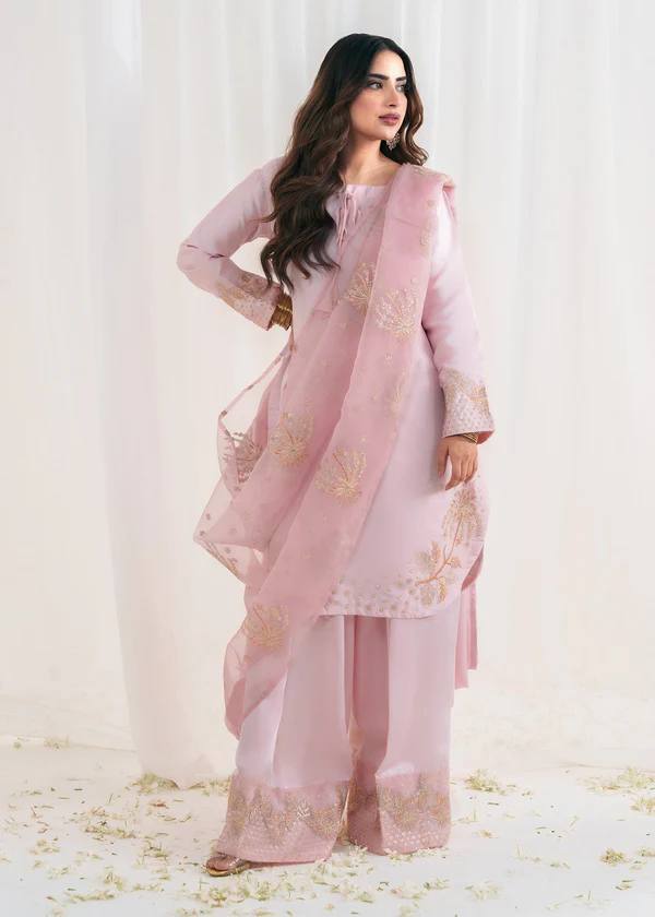 Light Pink Crep Silk With Embroidery Sequence Work Top-Bottom And Dupatta Set Fully Stitched