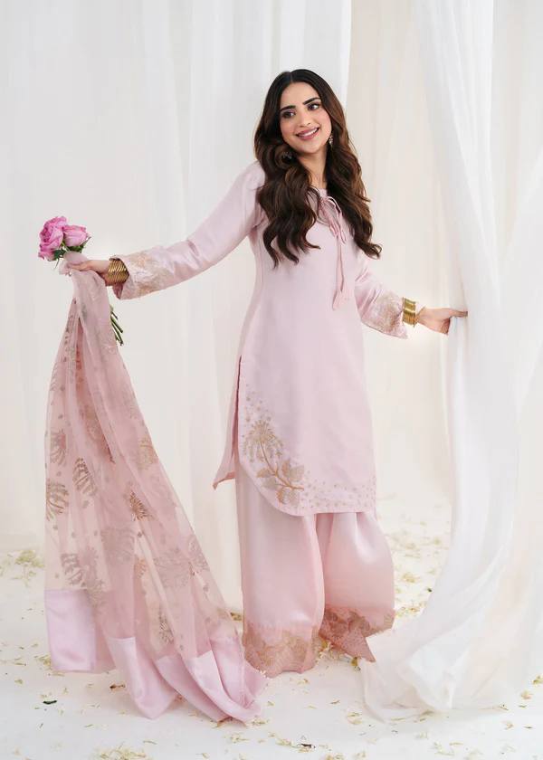 Light Pink Crep Silk With Embroidery Sequence Work Top-Bottom And Dupatta Set Fully Stitched
