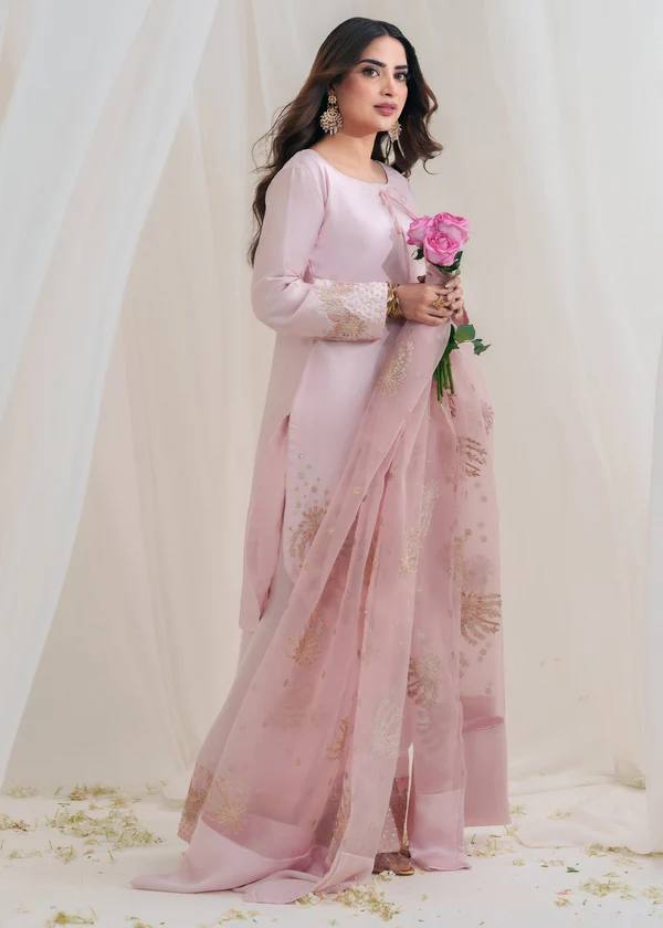 Light Pink Crep Silk With Embroidery Sequence Work Top-Bottom And Dupatta Set Fully Stitched