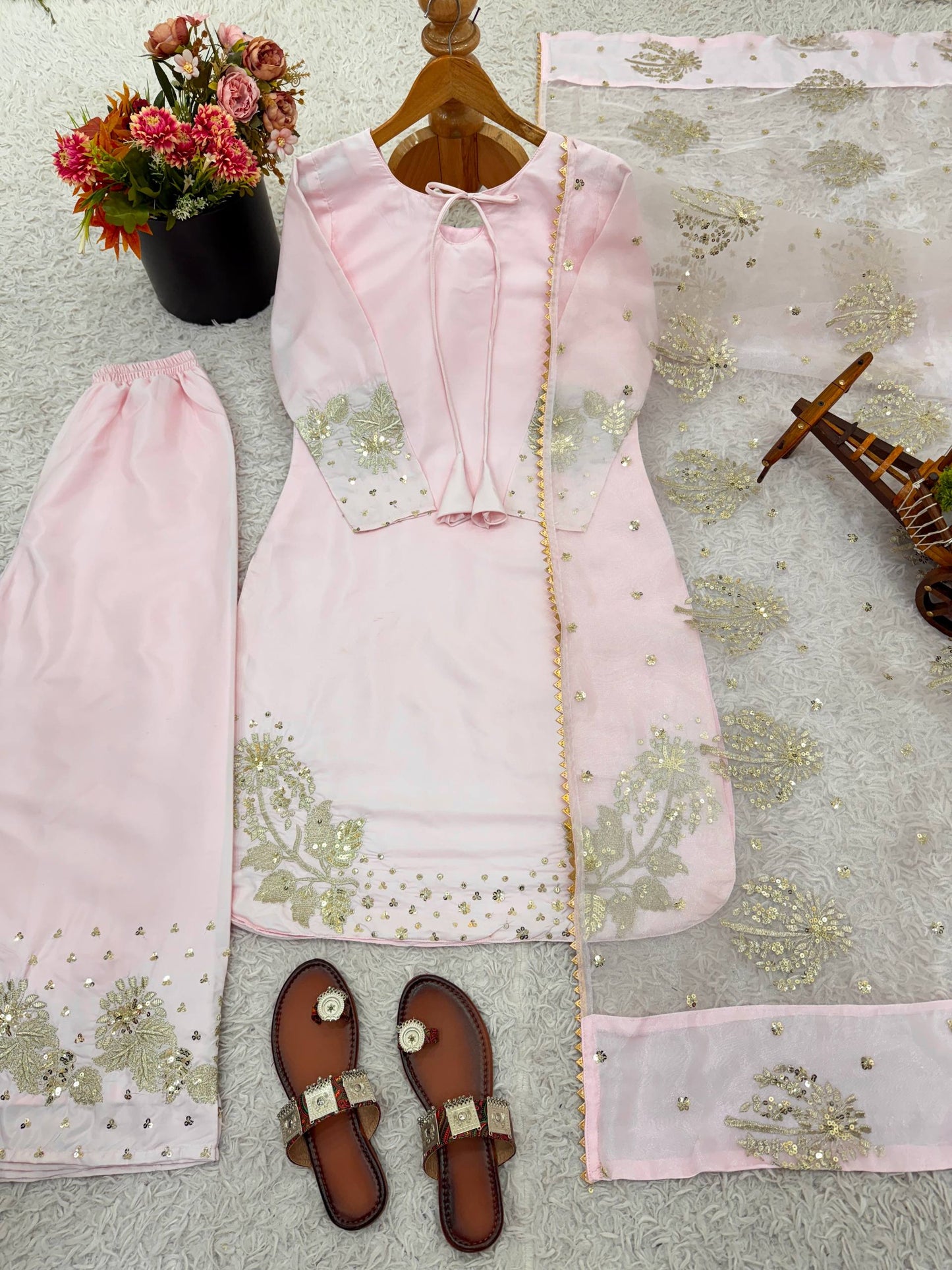 Light Pink Crep Silk With Embroidery Sequence Work Top-Bottom And Dupatta Set Fully Stitched