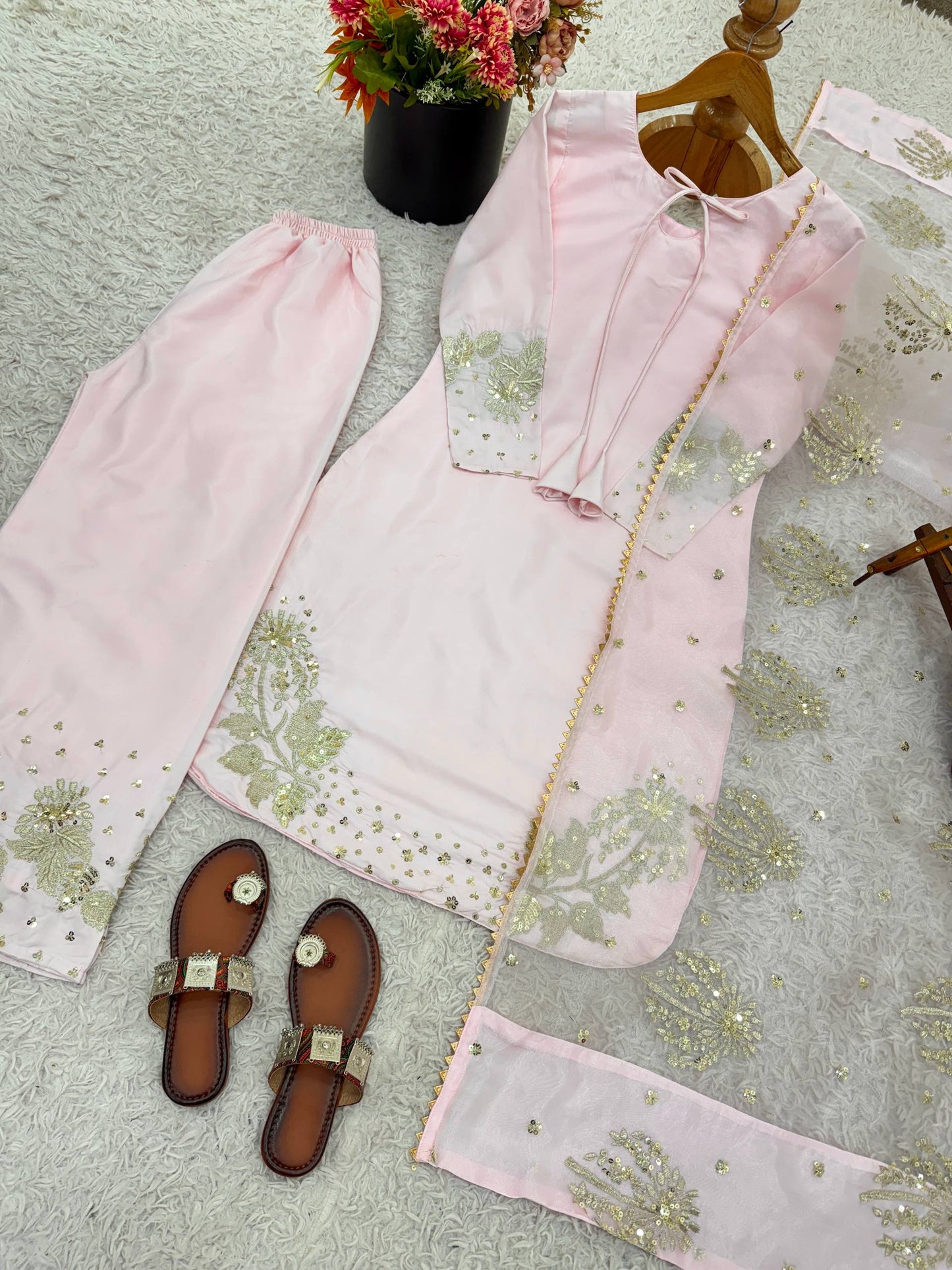 Light Pink Crep Silk With Embroidery Sequence Work Top-Bottom And Dupatta Set Fully Stitched