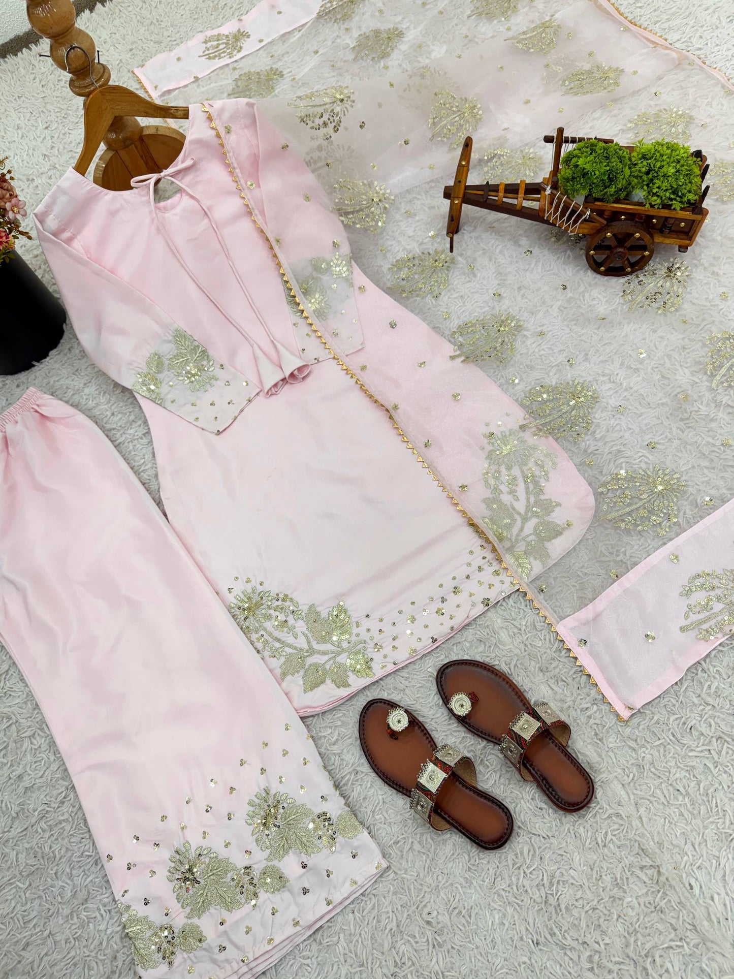 Light Pink Crep Silk With Embroidery Sequence Work Top-Bottom And Dupatta Set Fully Stitched