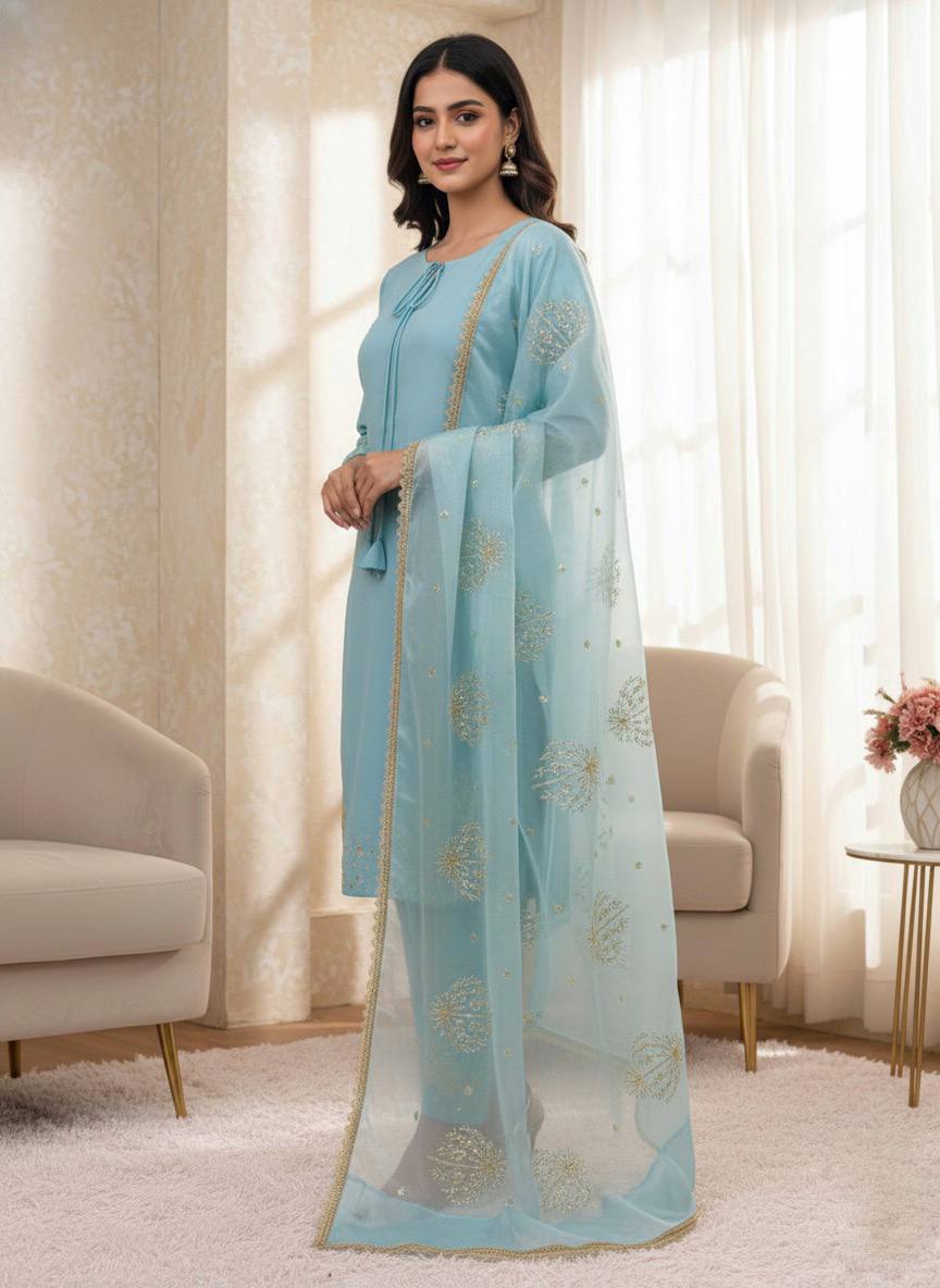 Blue Crep Silk With Embroidery Sequence Work Top-Bottom And Dupatta Set