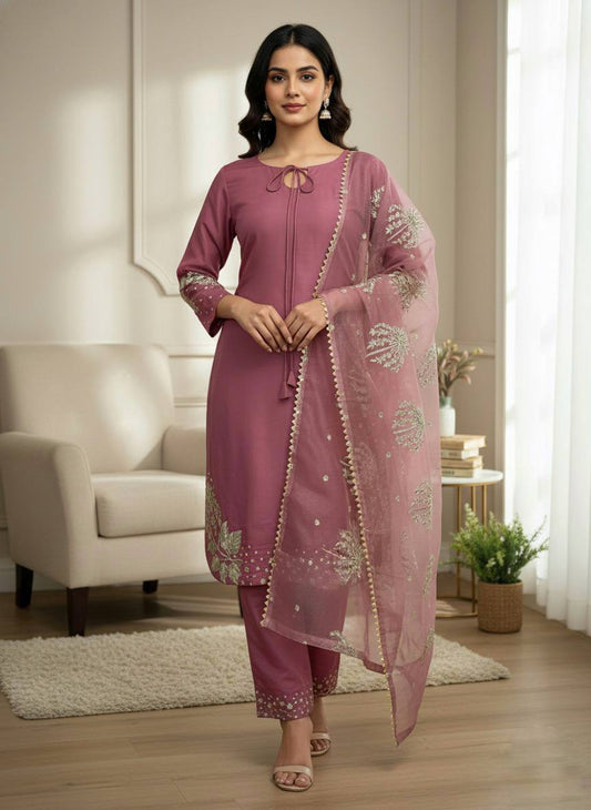 Peach rep Silk With Embroidery Sequence Work Top-Bottom And Dupatta Set