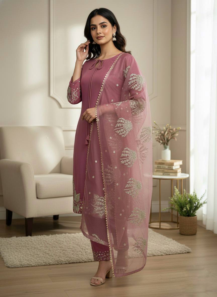 Peach rep Silk With Embroidery Sequence Work Top-Bottom And Dupatta Set