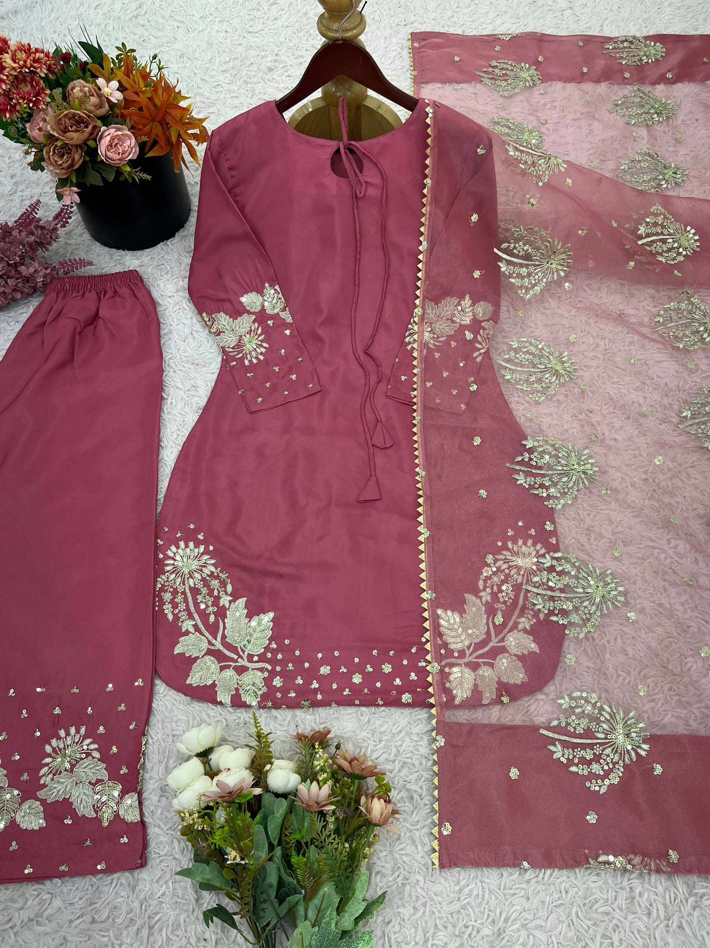 Peach rep Silk With Embroidery Sequence Work Top-Bottom And Dupatta Set