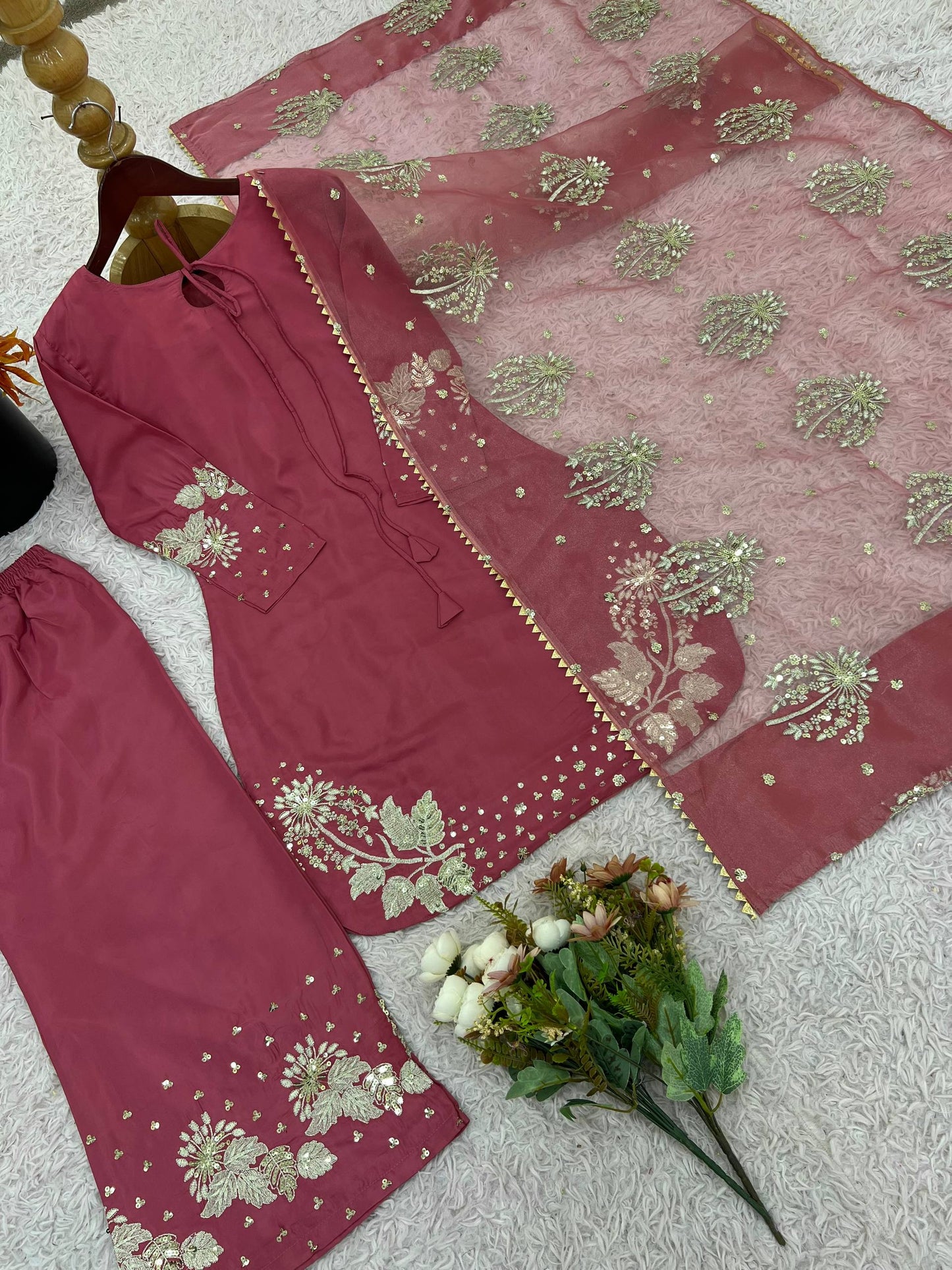 Peach rep Silk With Embroidery Sequence Work Top-Bottom And Dupatta Set
