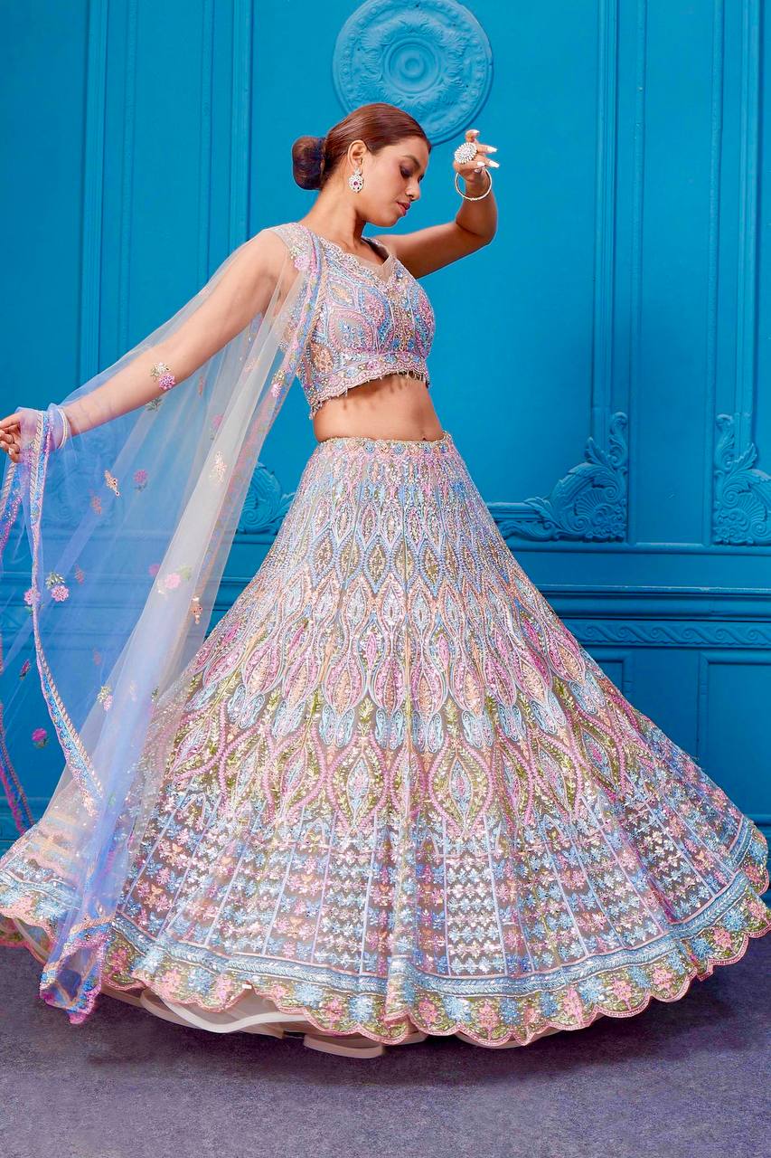 Bridal wear heavy embroidery chainstitched with real mirror hand work lehenga choli