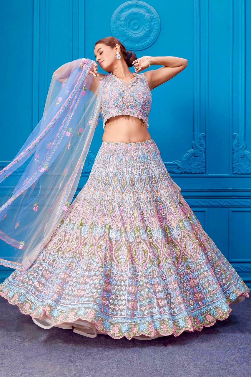 Bridal wear heavy embroidery chainstitched with real mirror hand work lehenga choli