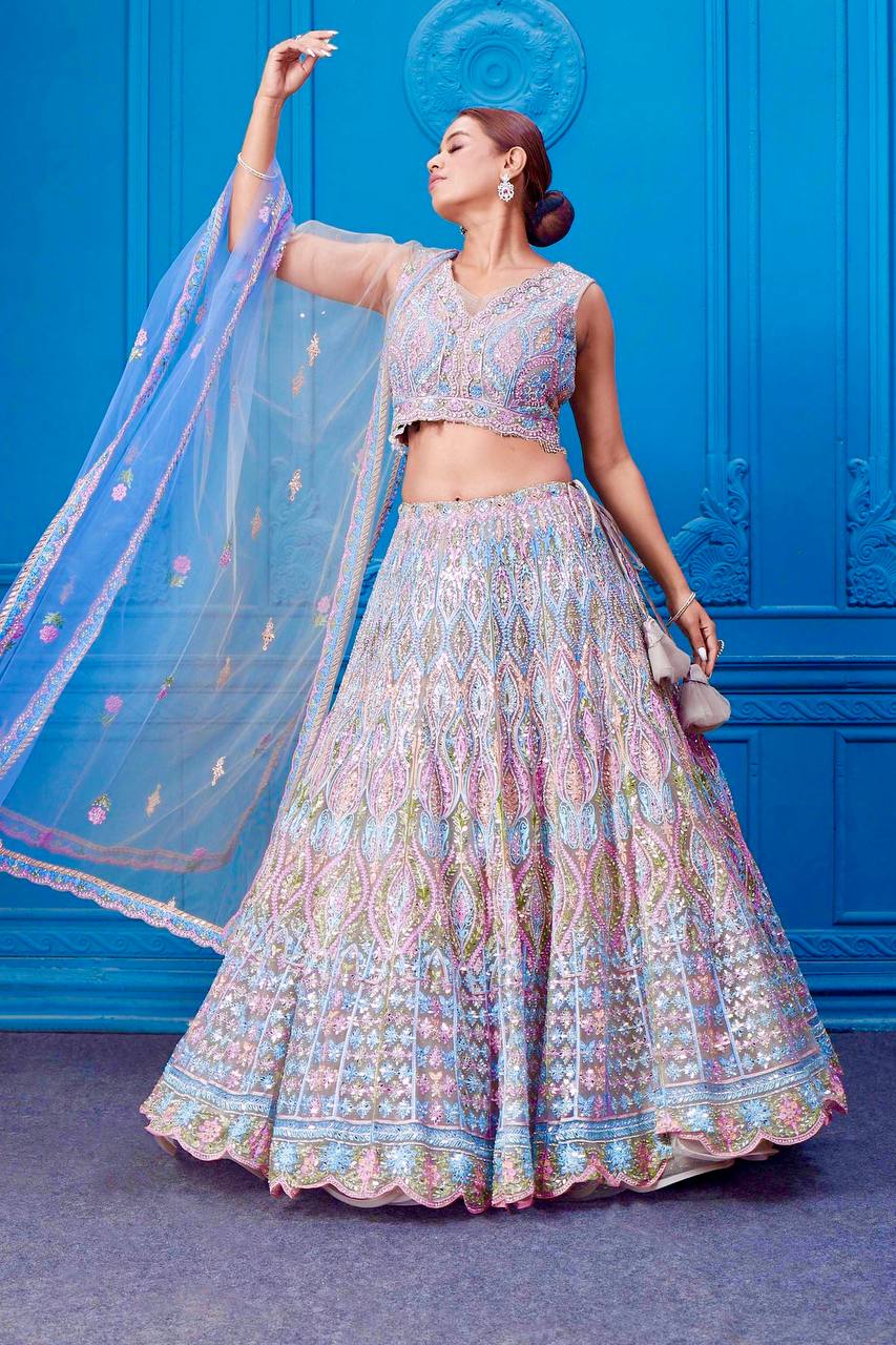 Bridal wear heavy embroidery chainstitched with real mirror hand work lehenga choli