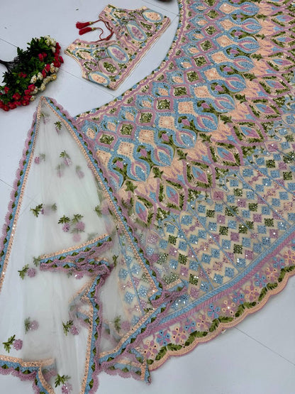 Bridal wear heavy embroidery chainstitched with real mirror hand work lehenga choli