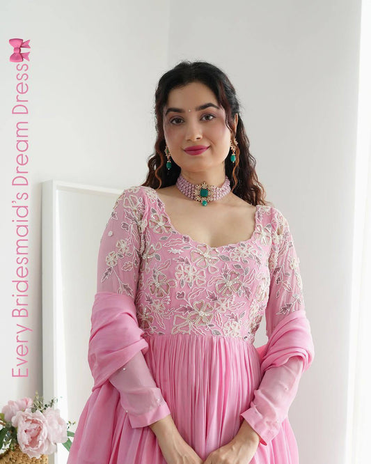 Pink georgette embroidery work in front gown and dupatta