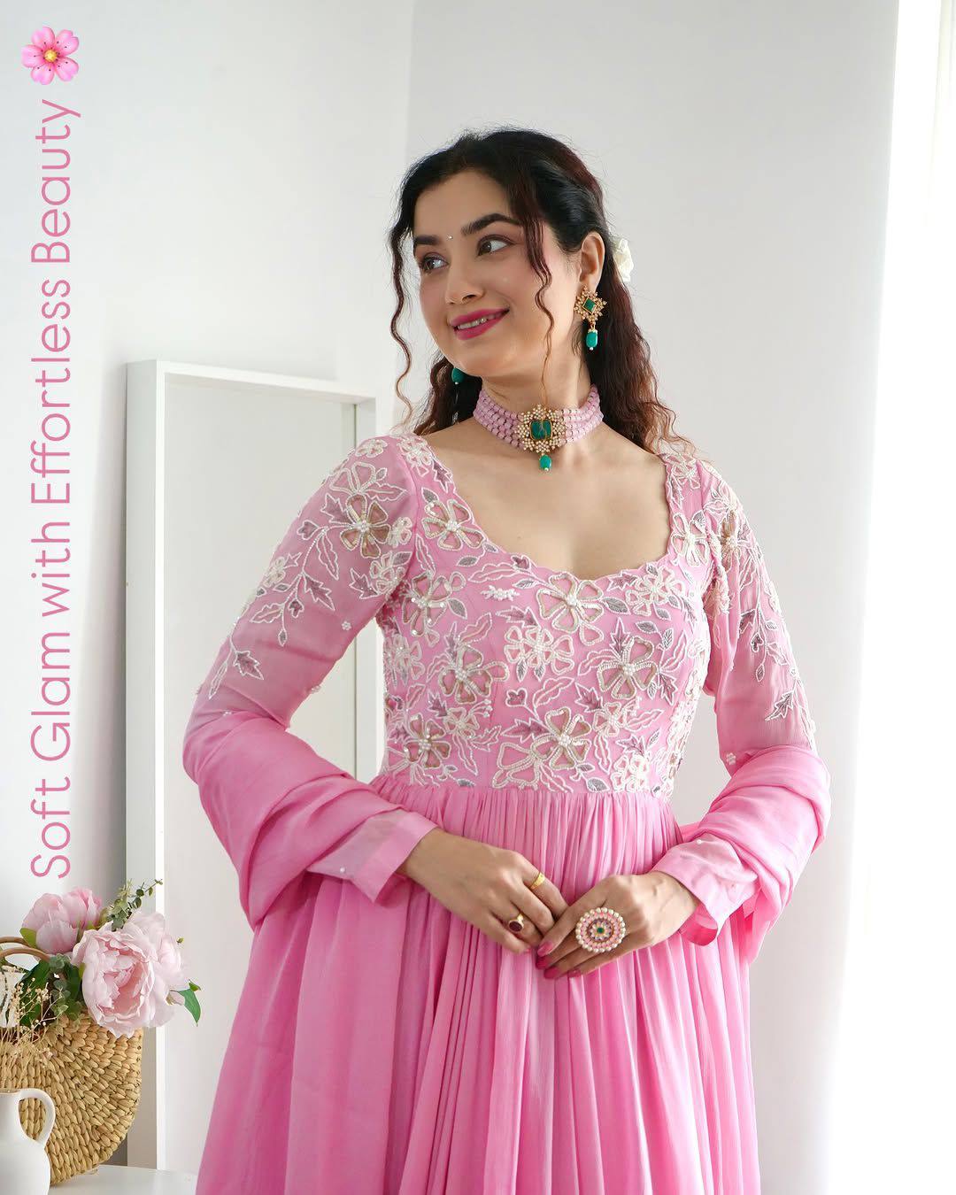 Pink georgette embroidery work in front gown and dupatta