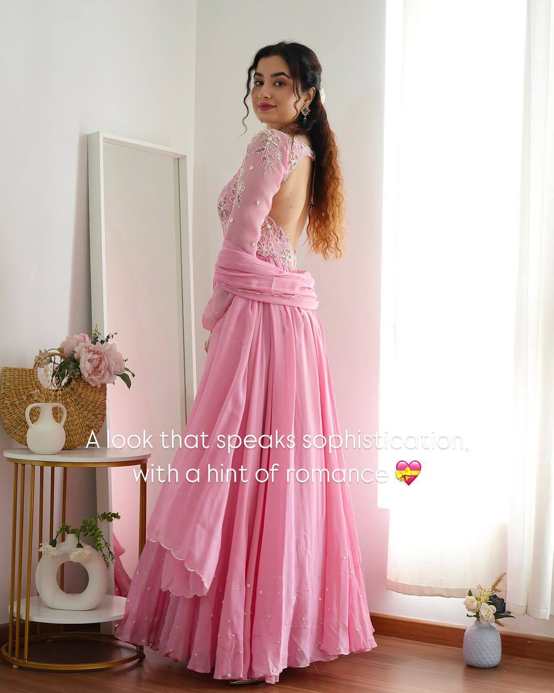 Pink georgette embroidery work in front gown and dupatta