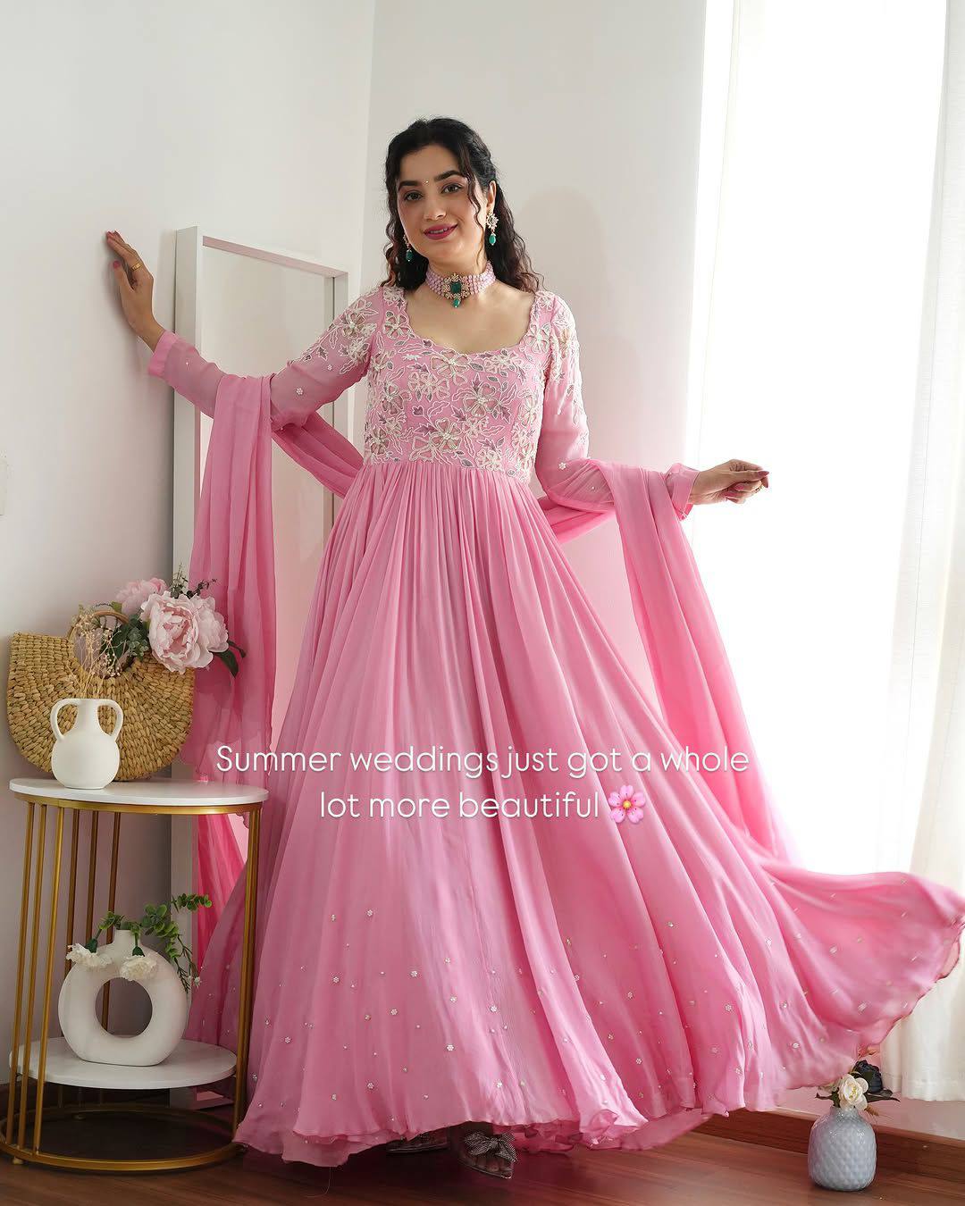 Pink georgette embroidery work in front gown and dupatta