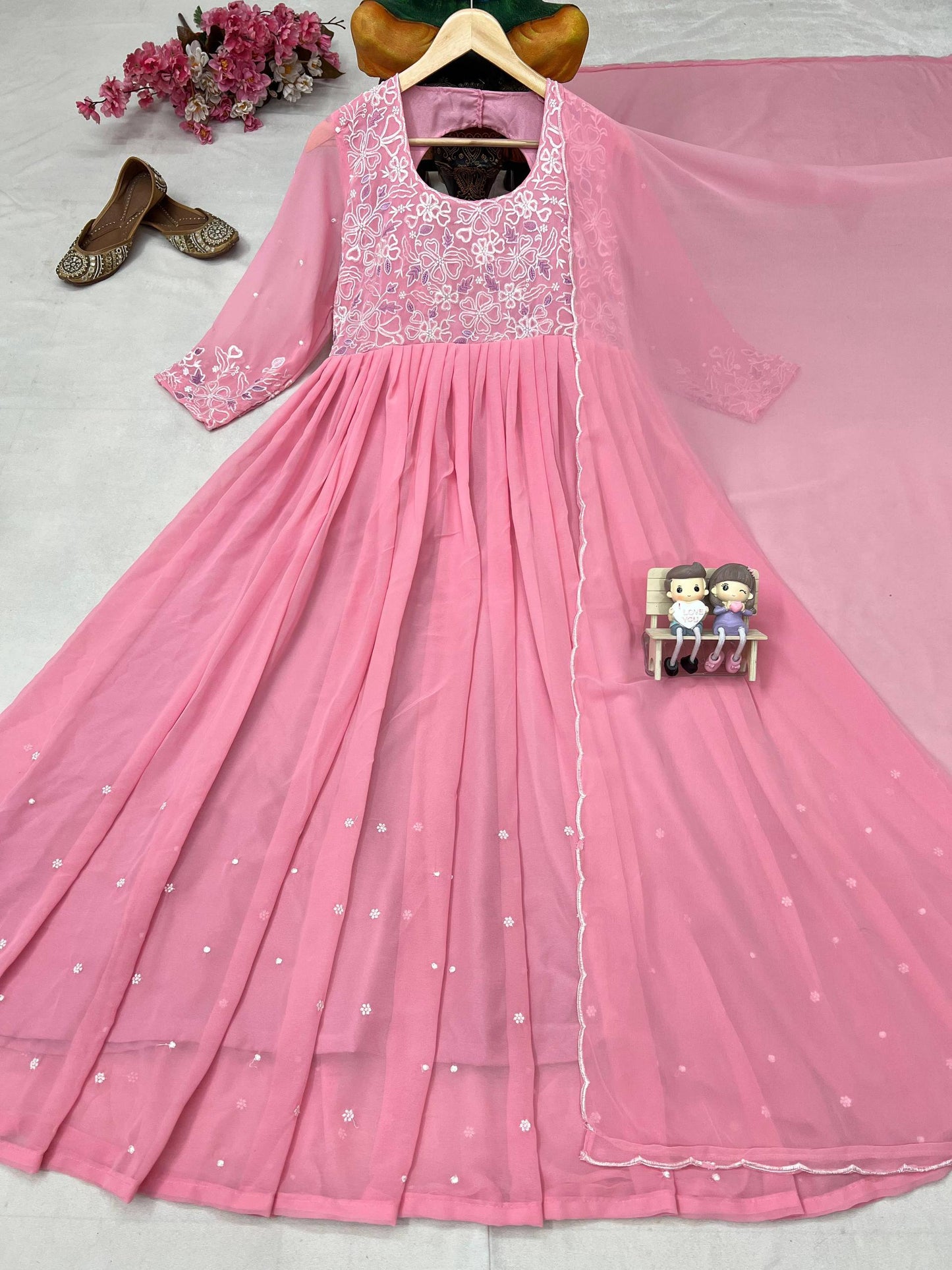 Pink georgette embroidery work in front gown and dupatta