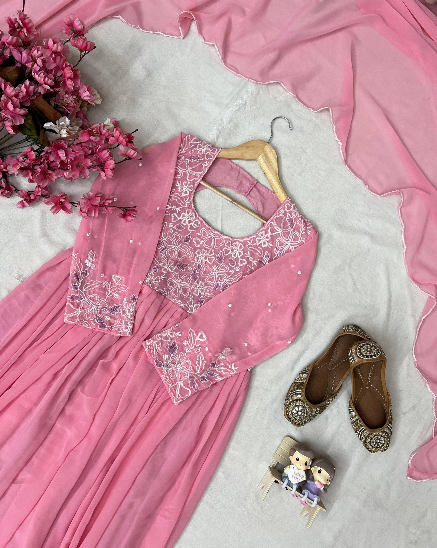 Pink georgette embroidery work in front gown and dupatta