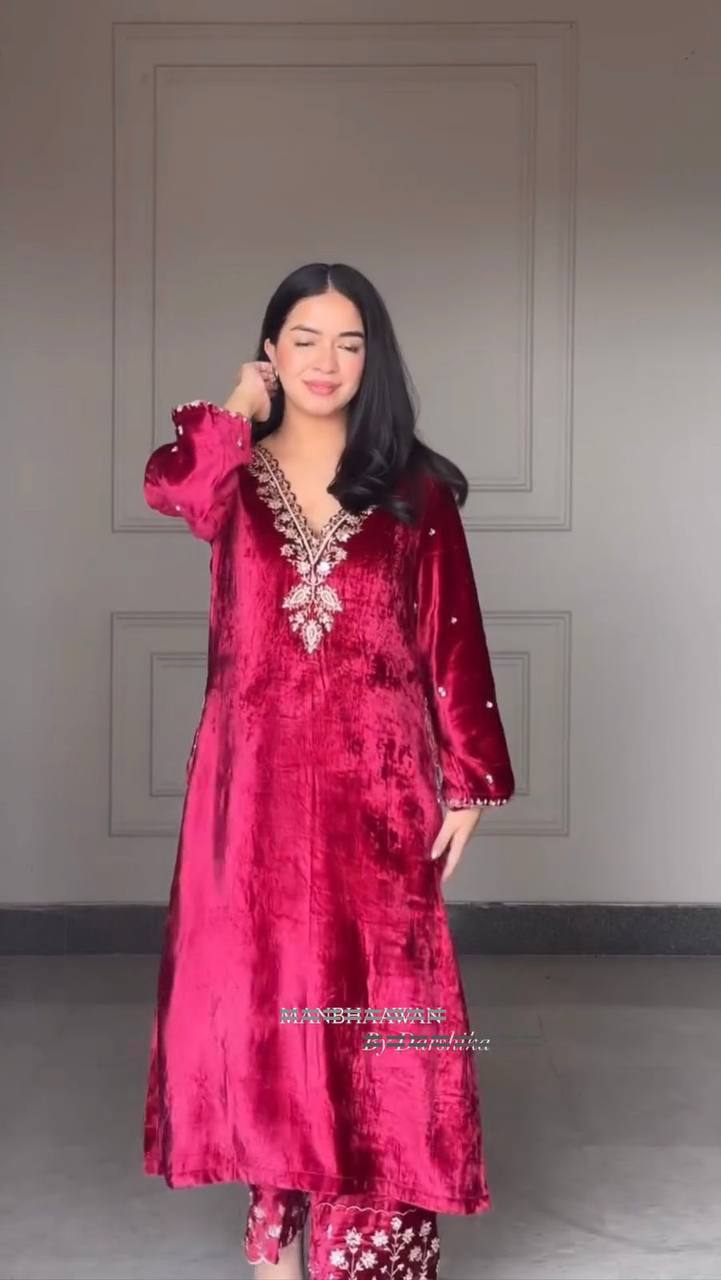 2025 Velvet Winter Collection Exclusive Sequence Embroidered Three Piece Pant Set