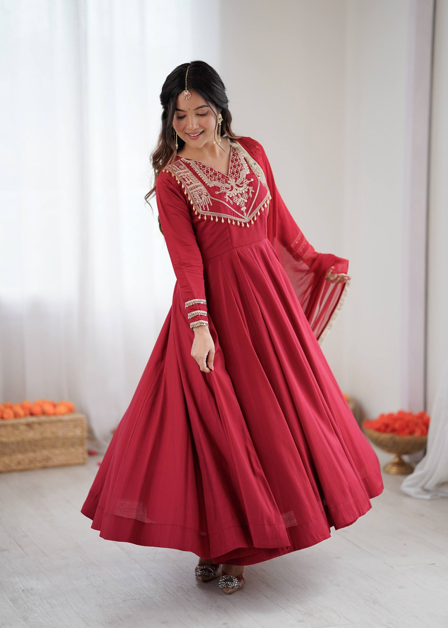 Red roman silk gown, bottom & dupatta full stitched & ready to wear