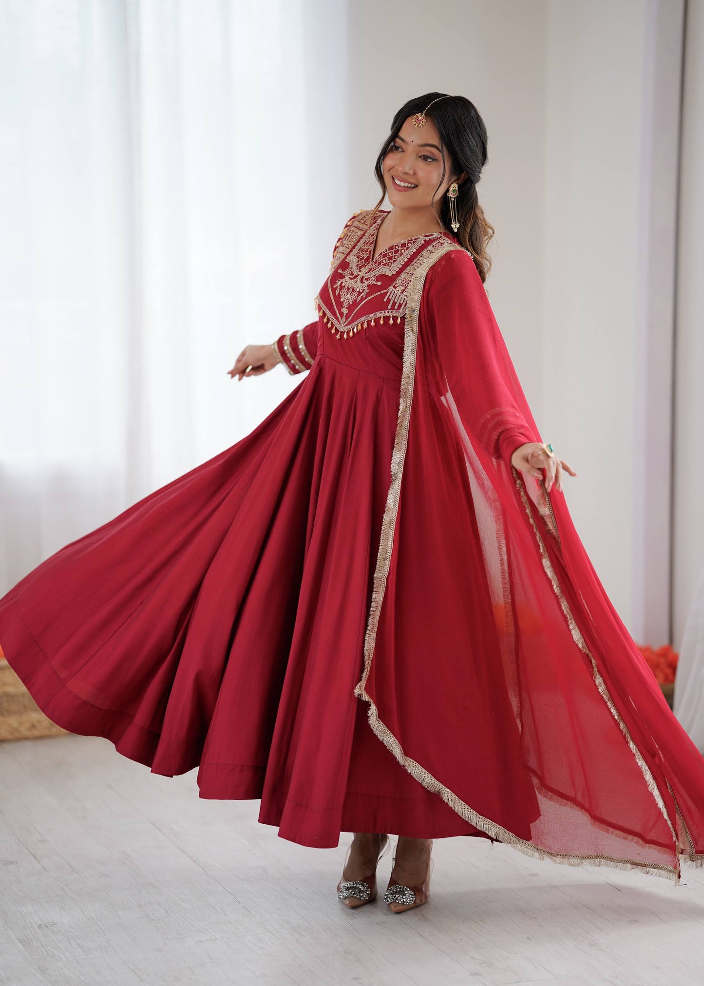 Red roman silk gown, bottom & dupatta full stitched & ready to wear