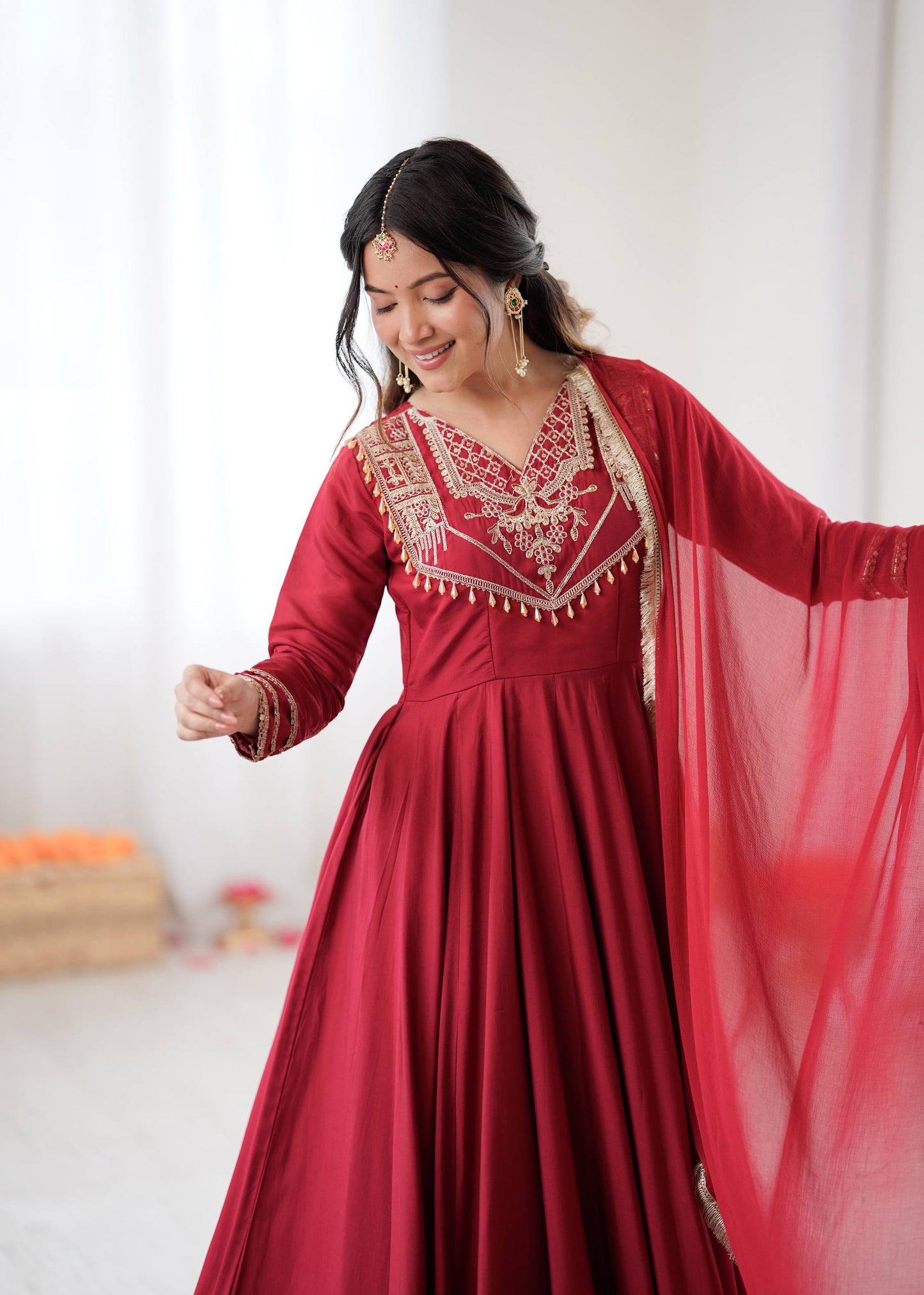 Red roman silk gown, bottom & dupatta full stitched & ready to wear