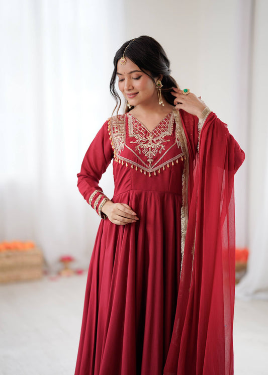 Red roman silk gown, bottom & dupatta full stitched & ready to wear